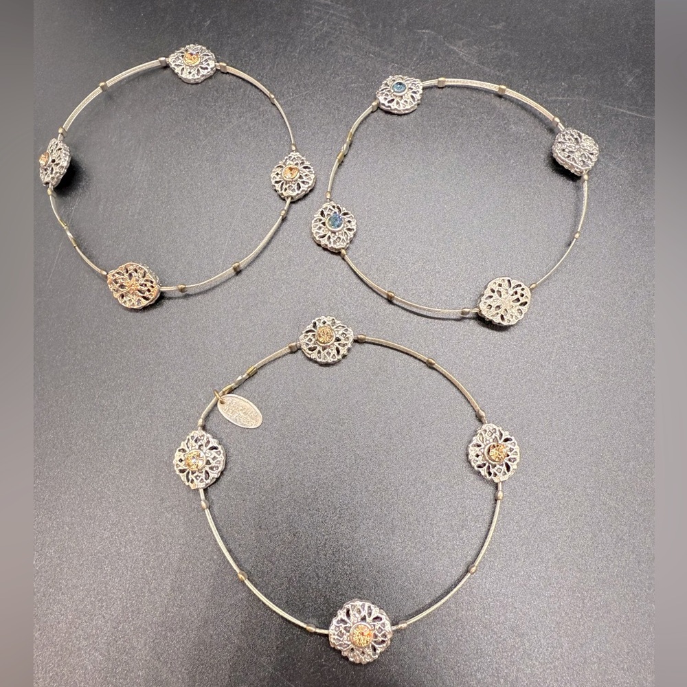 Set of 3 Seasonal Whispers bangles silver with gold & blue Swarovski crystals.